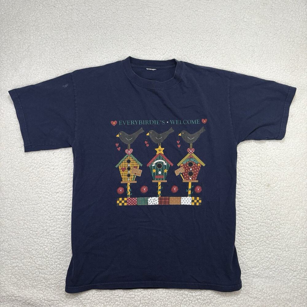 Vintage T Shirt Bird Houses‎ Flowers Cottage Granny “Everybirdie’s Welcome” Cute